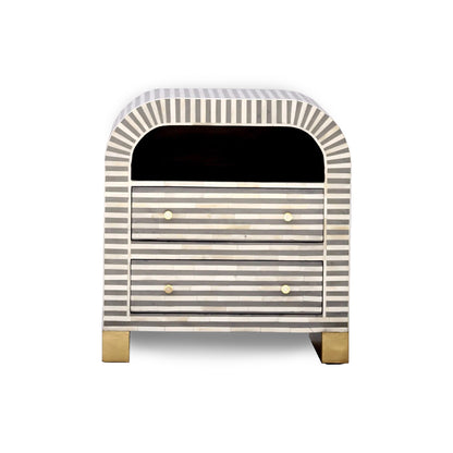 Bone Inlay Curved Bedside Table - Stripe Pattern