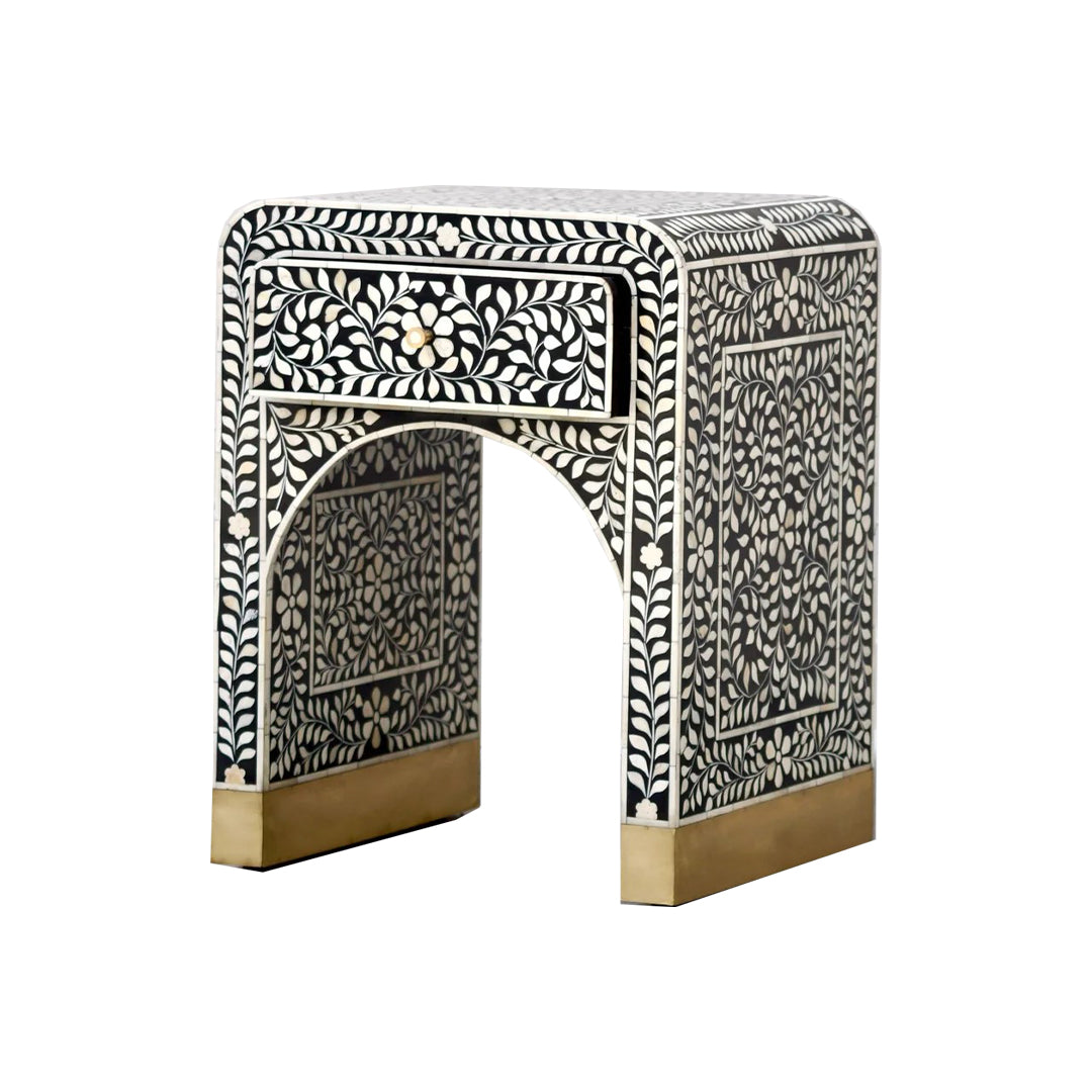 Bone Inlay Curved Bedside Table - Floral