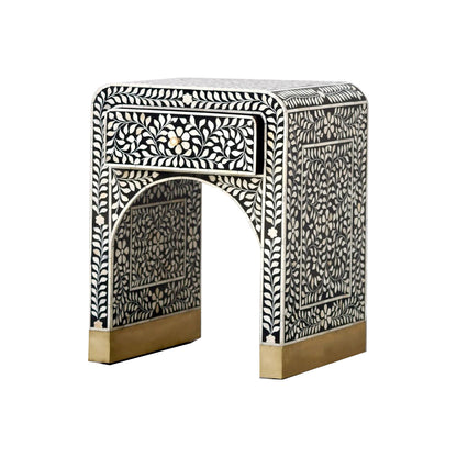 Bone Inlay Curved Bedside Table - Floral