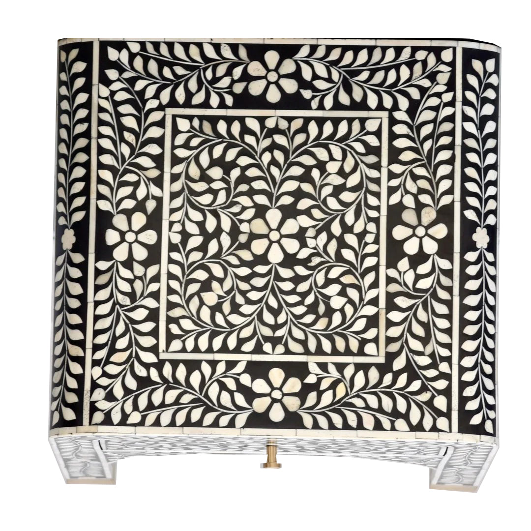 Bone Inlay Curved Bedside Table - Floral