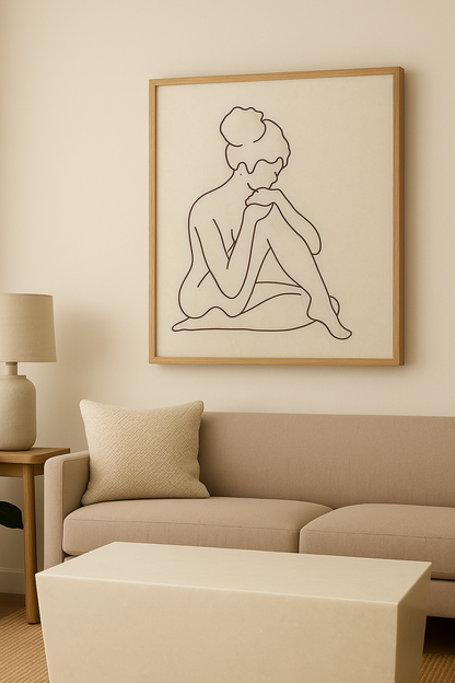 Marble inlay wall art of a seated lady in minimalist line design displayed prominently in a modern living room with neutral decor.