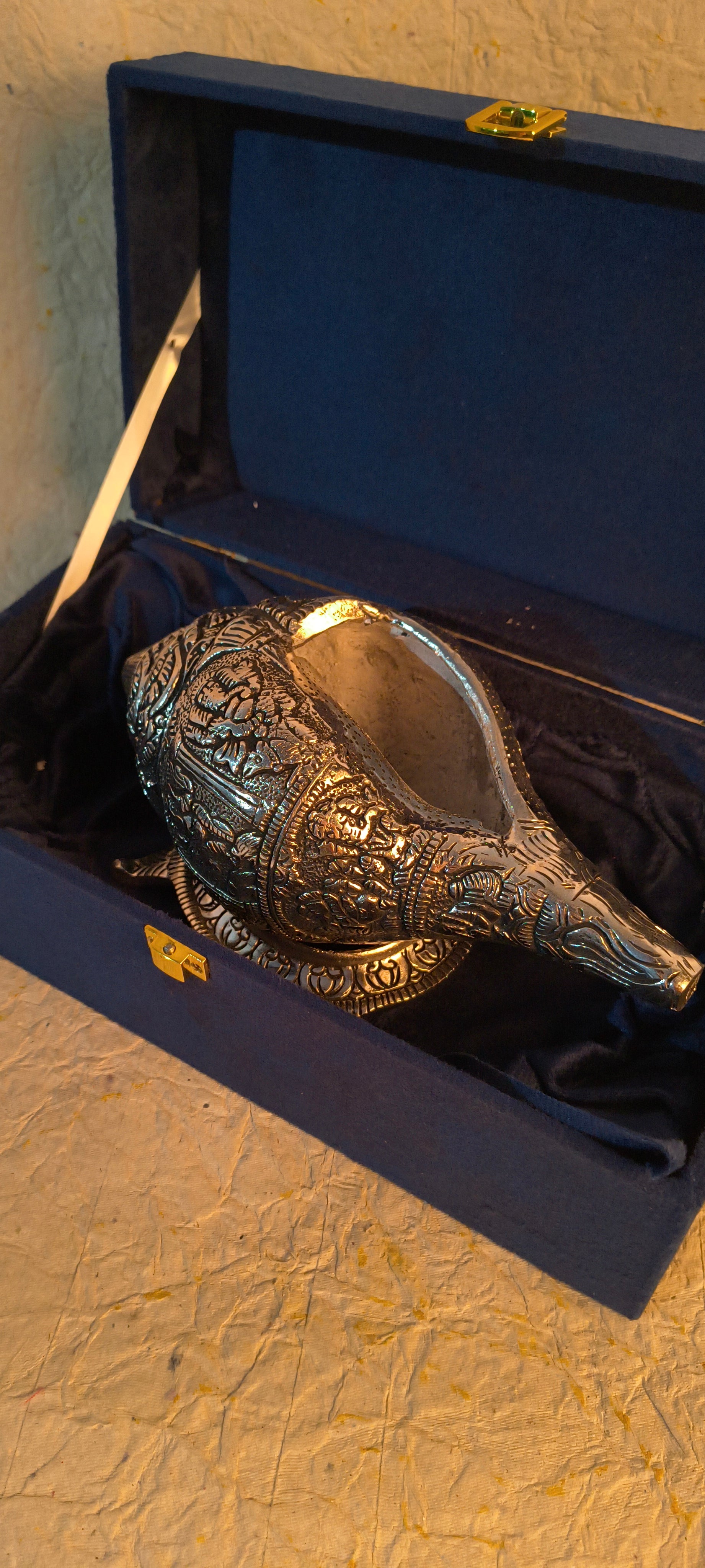 Large German Silver Shankh with Intricate Embossed Design Presented in Premium Gift Box