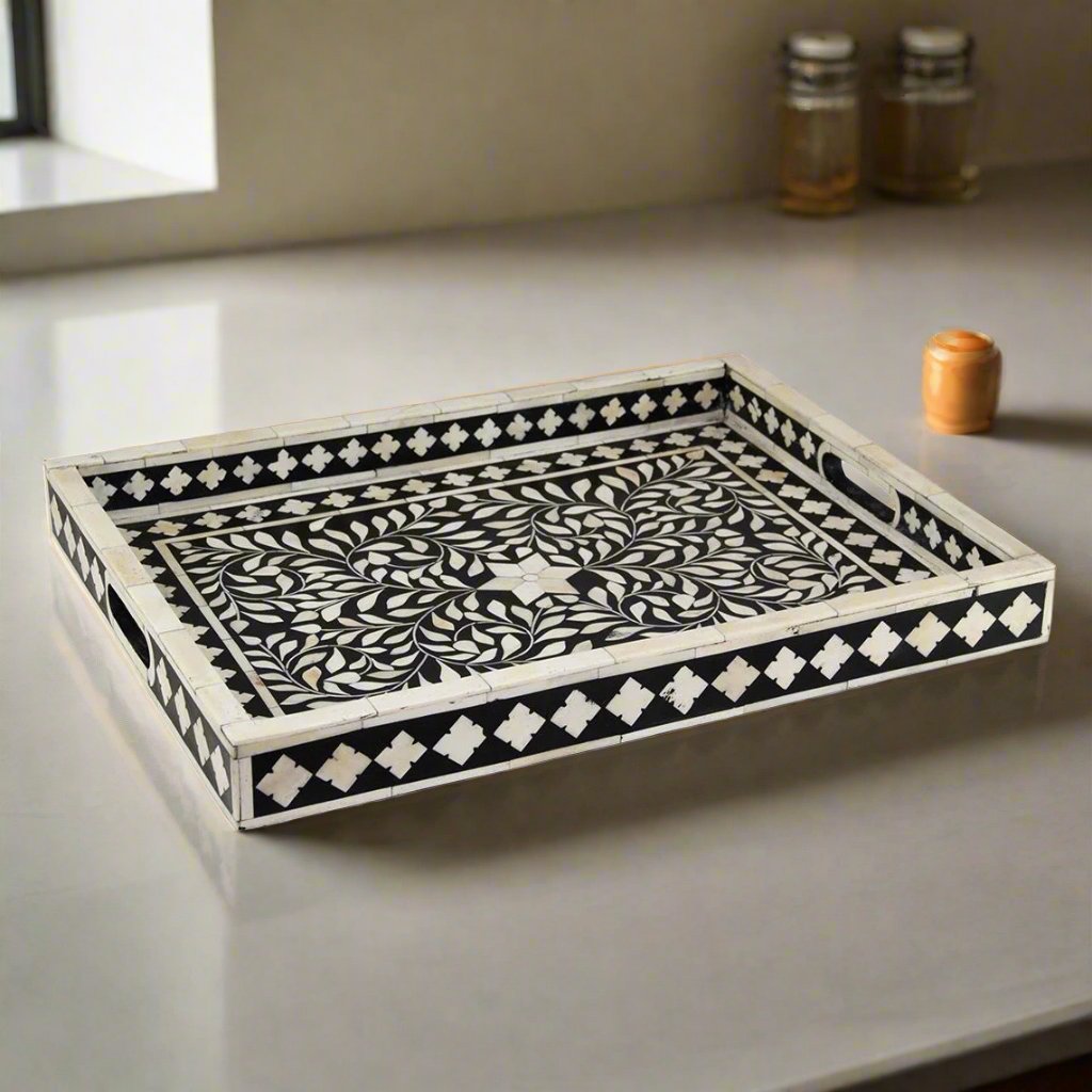 Handcrafted Bone Inlay Round Tray with Floral Pattern – Luxury Serving Tray