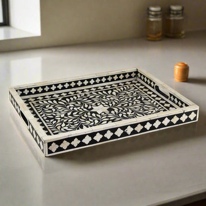 Handcrafted Bone Inlay Round Tray with Floral Pattern – Luxury Serving Tray