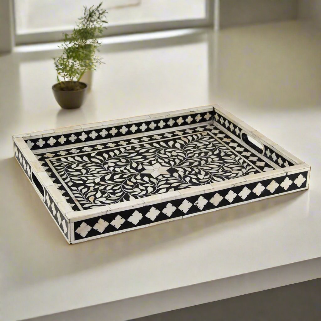 Handcrafted Bone Inlay Round Tray with Floral Pattern – Luxury Serving Tray