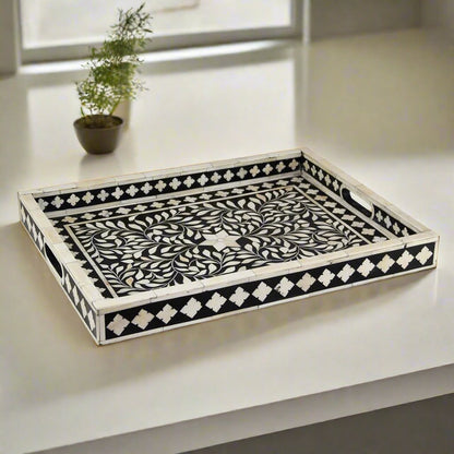 Handcrafted Bone Inlay Round Tray with Floral Pattern – Luxury Serving Tray