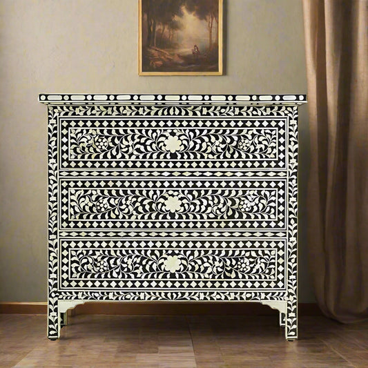 Handcrafted Bone Inlay 3-Drawer Chest – Floral Pattern in Black