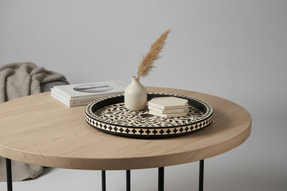 Side View of Handmade Black Bone Inlay Round Tray with Floral Design