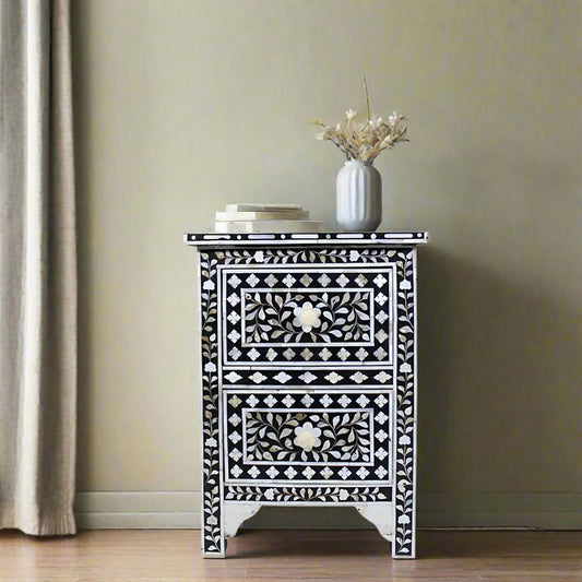Handmade Black Mother of Pearl Inlay Bedside Table with Floral Design