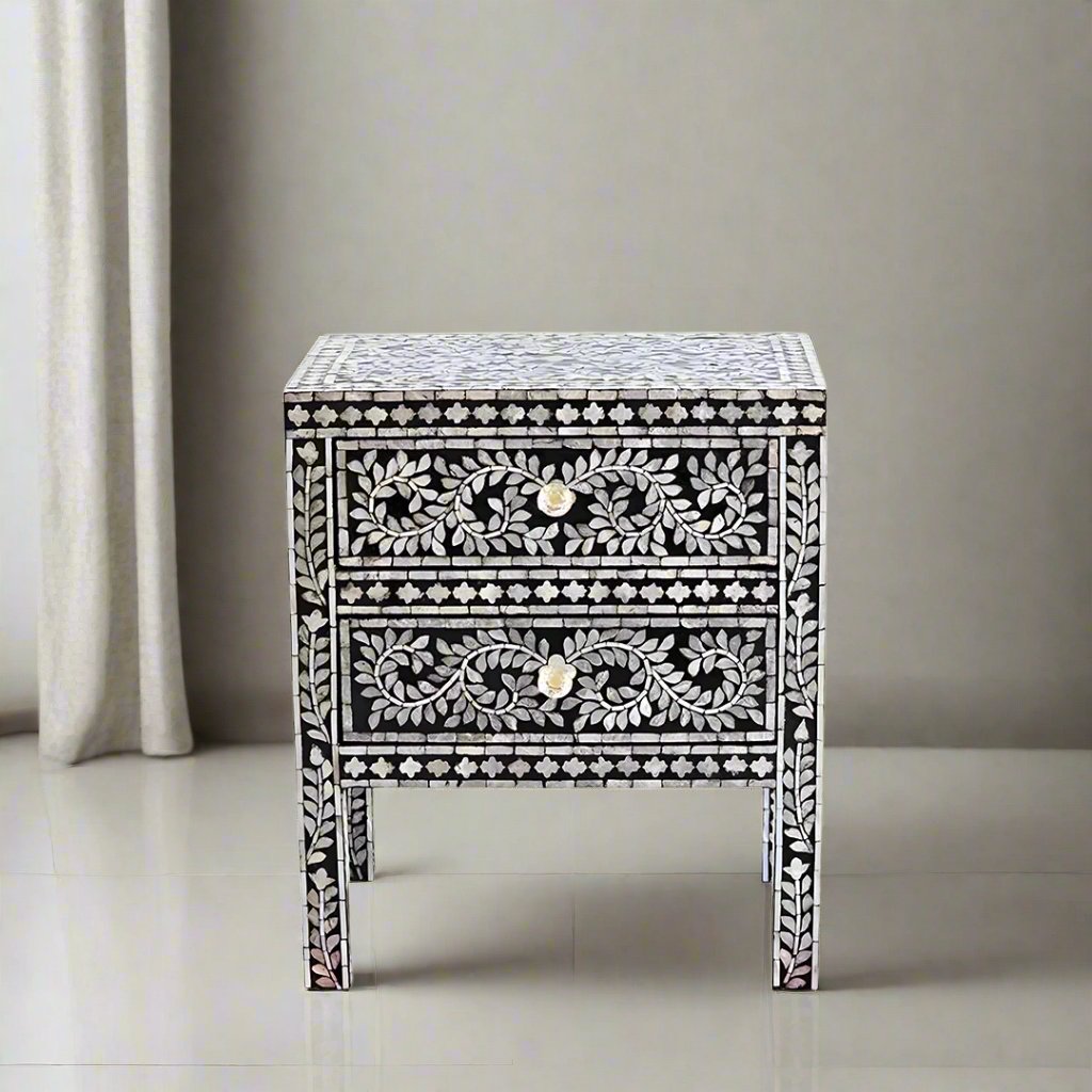 Handcrafted bone inlay accent table in black and white finish