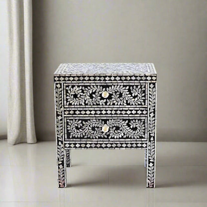 Handcrafted bone inlay accent table in black and white finish