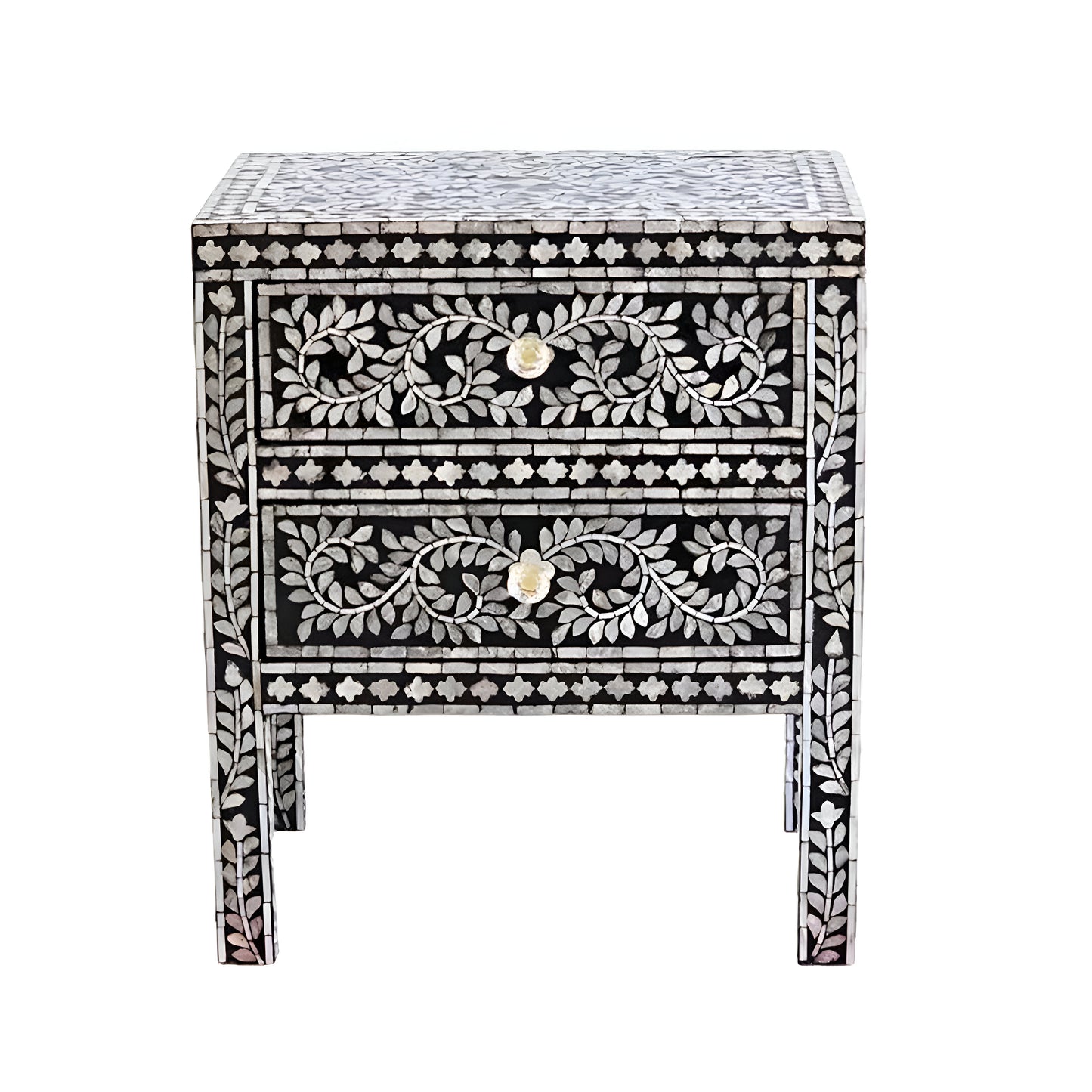 Handmade black bone inlay nightstand with floral vine pattern