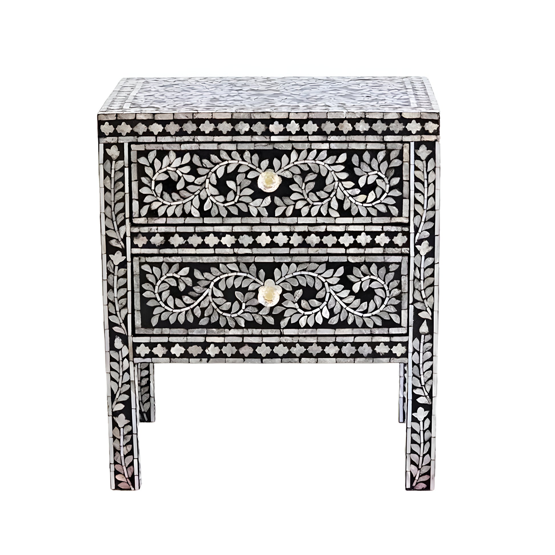 Handmade black bone inlay nightstand with floral vine pattern