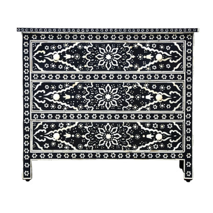Bone Inlay Chest Of 3 Drawers , Floral Pattern In Black