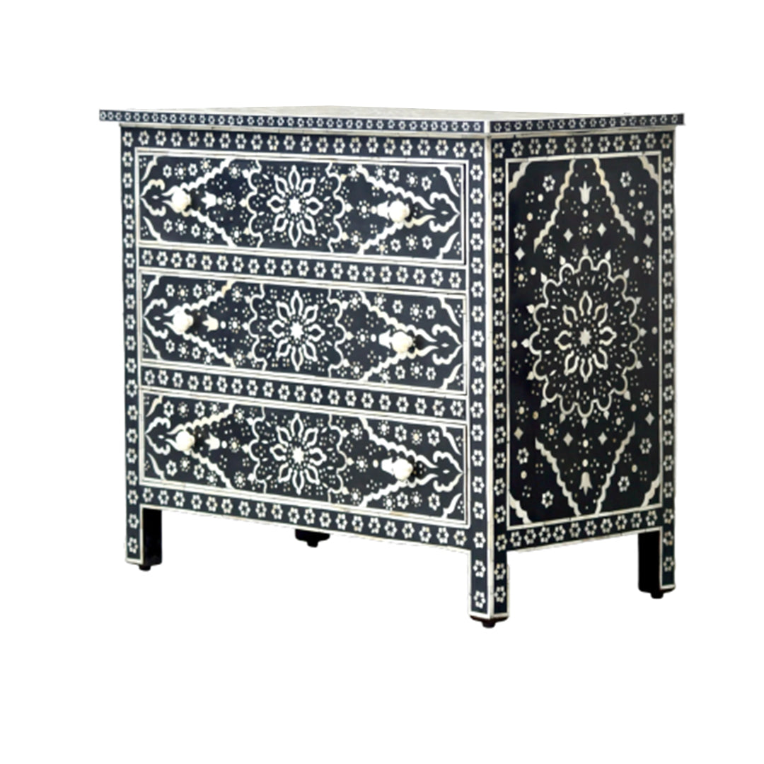 Bone Inlay Chest Of 3 Drawers , Floral Pattern In Black