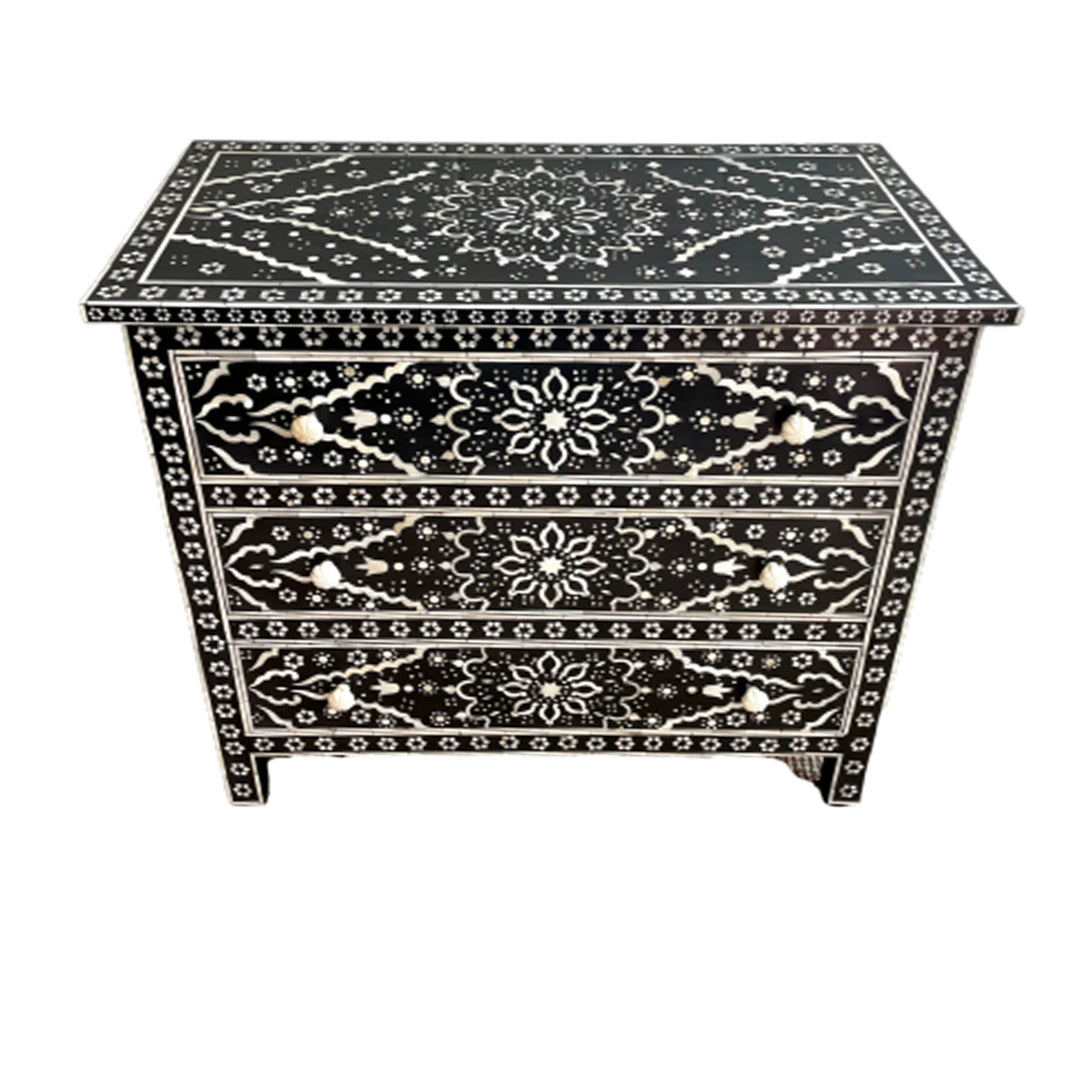 Bone Inlay Chest Of 3 Drawers , Floral Pattern In Black