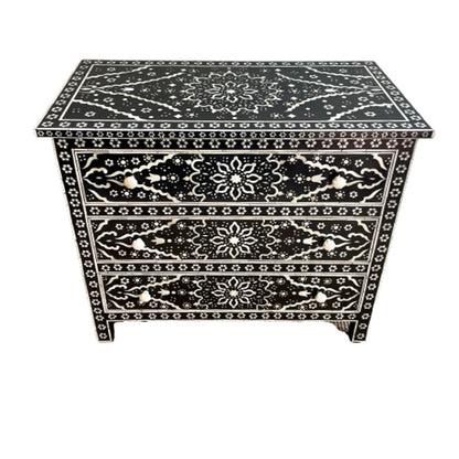 Bone Inlay Chest Of 3 Drawers , Floral Pattern In Black