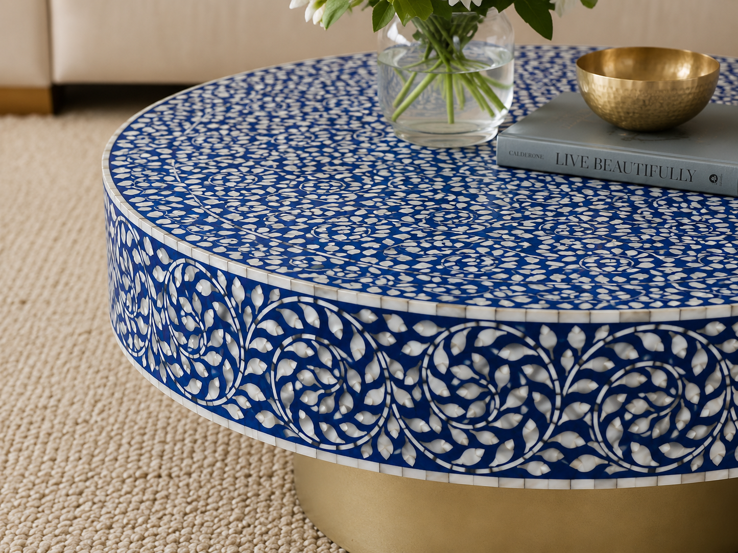 Luxury handcrafted blue bone inlay center table with intricate white floral mosaic pattern