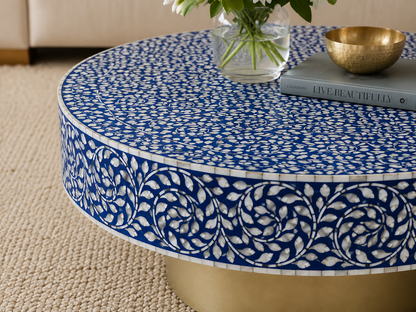 Luxury handcrafted blue bone inlay center table with intricate white floral mosaic pattern
