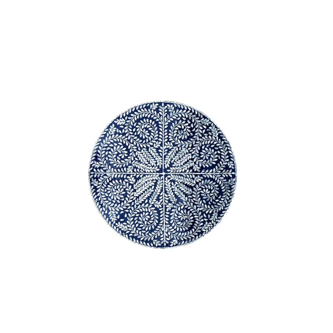 Round blue bone inlay coffee table with handcrafted floral design and luxury living room styling