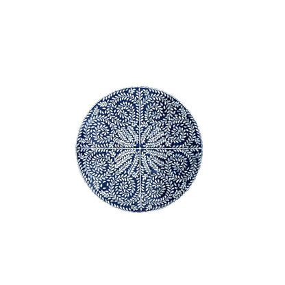 Round blue bone inlay coffee table with handcrafted floral design and luxury living room styling