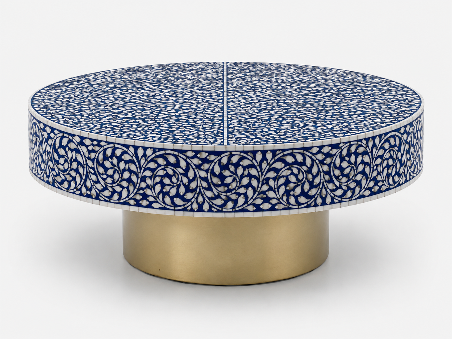 Premium blue bone inlay cocktail table with detailed floral craftsmanship and modern interior
