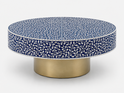 Premium blue bone inlay cocktail table with detailed floral craftsmanship and modern interior
