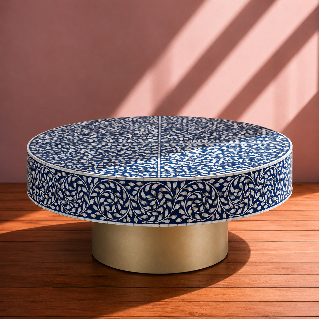 Artisan-made blue bone inlay round coffee table with white floral pattern and luxury home decor