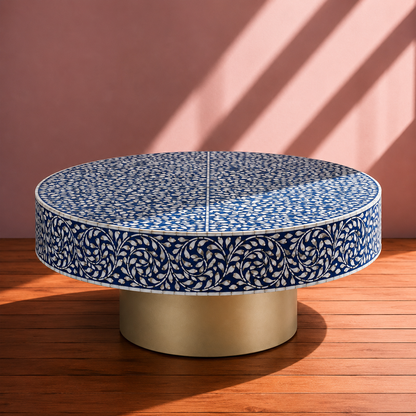 Artisan-made blue bone inlay round coffee table with white floral pattern and luxury home decor