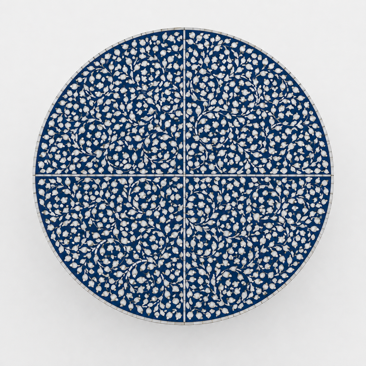 Decorative blue bone inlay coffee table with handcrafted floral vine pattern and pedestal base