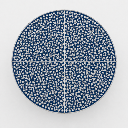 Decorative blue bone inlay coffee table with handcrafted floral vine pattern and pedestal base
