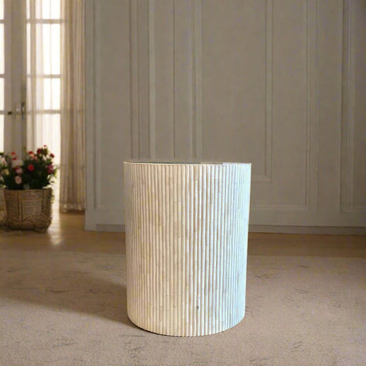 Luxury Handmade Bone Inlay Cylindrical Stool in Modern Living Room