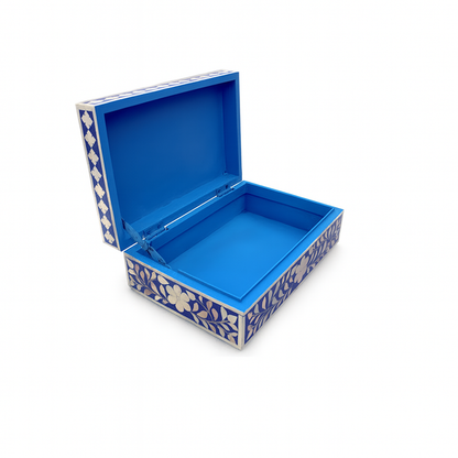 Luxury Mother of Pearl jewelry box featuring a blue floral motif with intricate handcrafted inlay work.