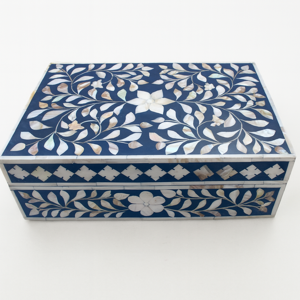Premium blue Mother of Pearl inlay keepsake box with floral design and decorative geometric border.