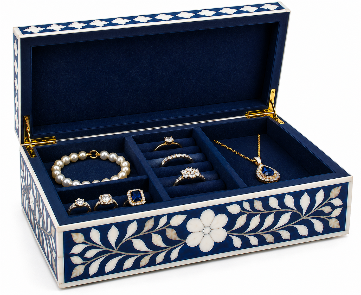 Artisan-made blue jewelry box with Mother of Pearl floral inlay and velvet-lined compartments for accessories.