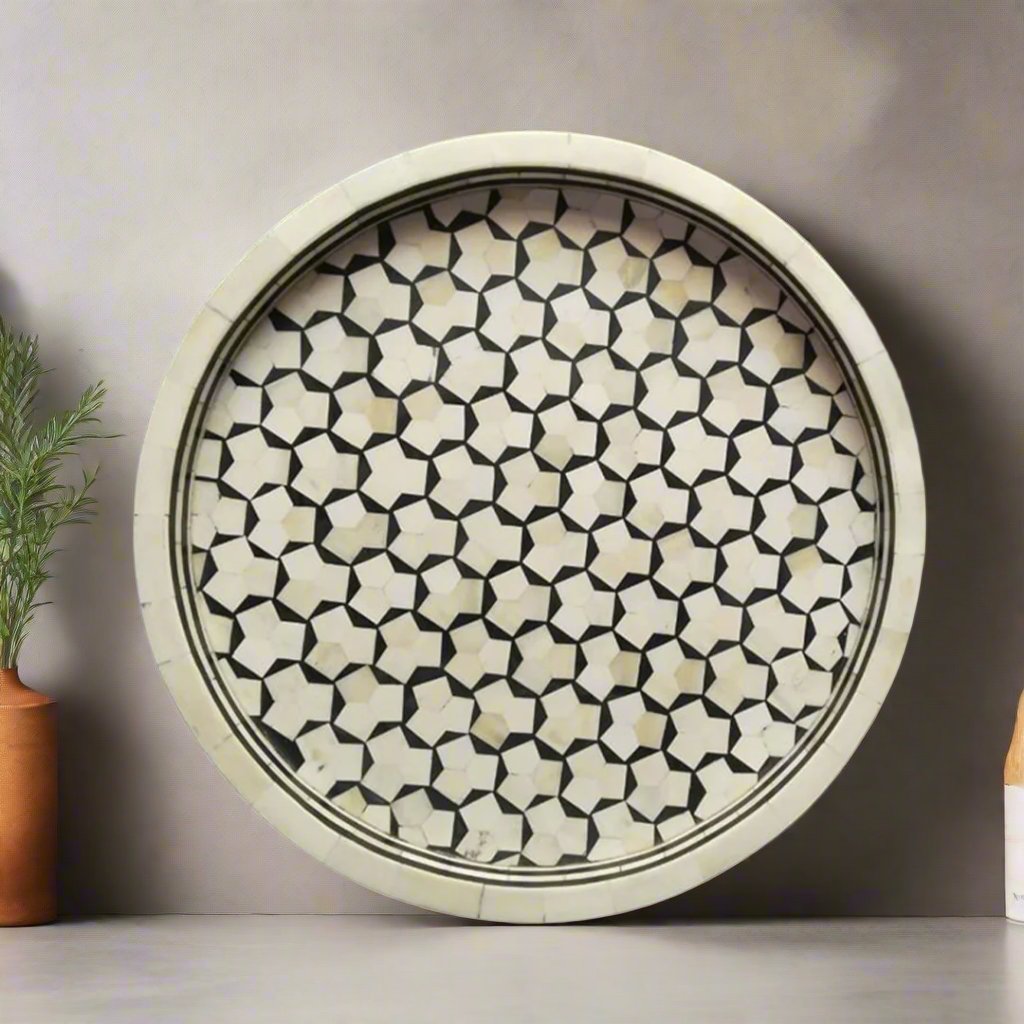 Handmade Customized Bone Inlay Round Serving Tray Best For Home And Office