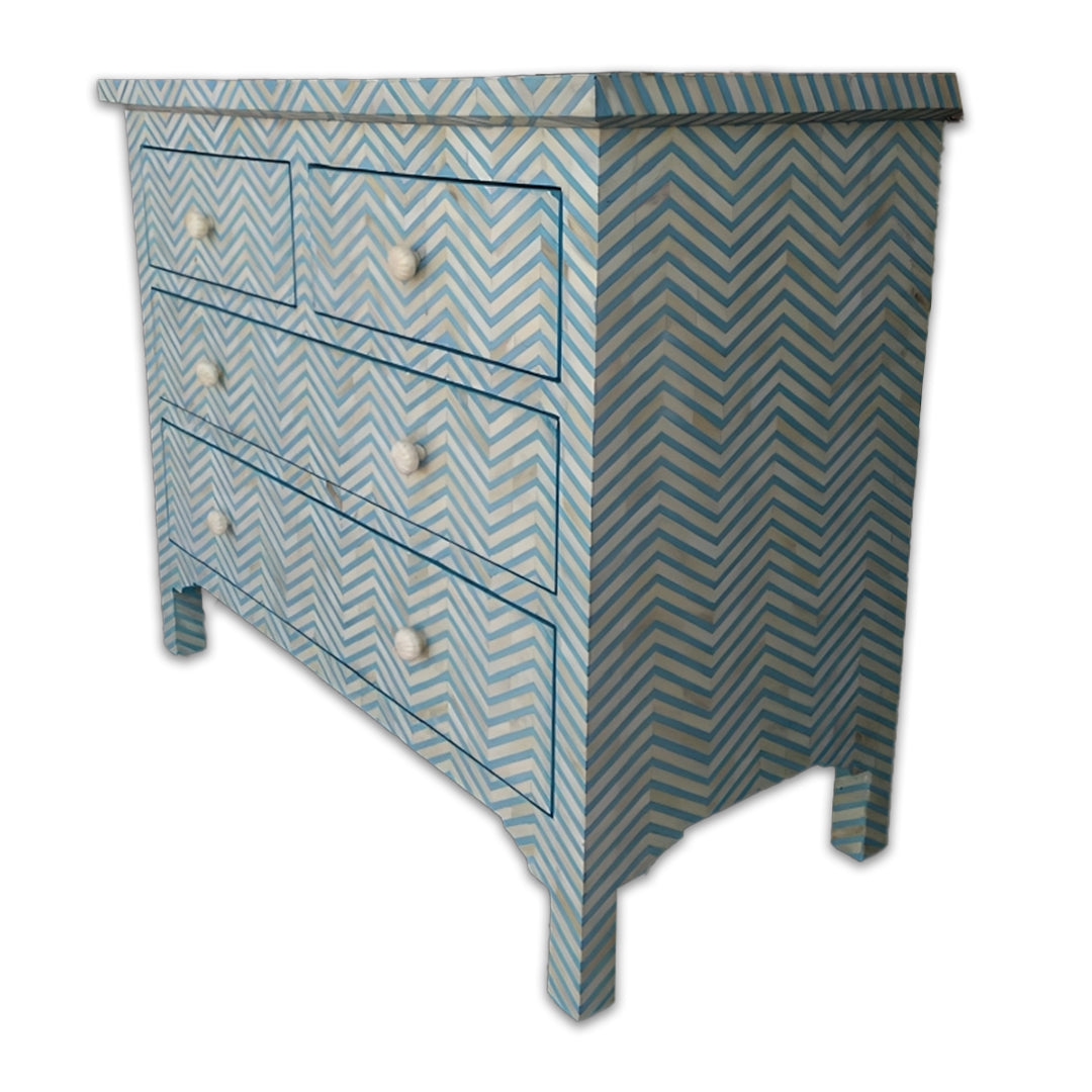 Bone Inlay Chest Of 4 Drawers , Chevron Pattern In Indigo