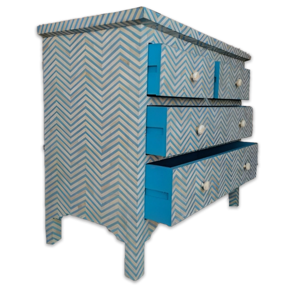 Bone Inlay Chest Of 4 Drawers , Chevron Pattern In Indigo