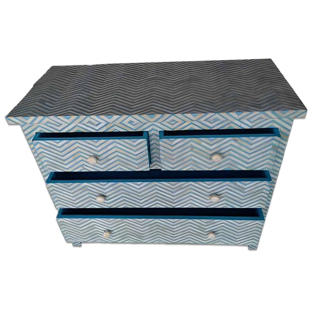 Bone Inlay Chest Of 4 Drawers , Chevron Pattern In Indigo