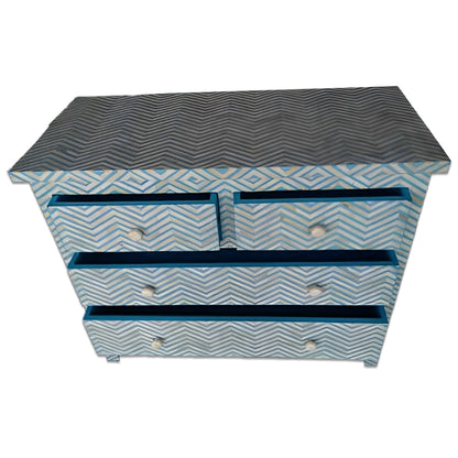 Bone Inlay Chest Of 4 Drawers , Chevron Pattern In Indigo