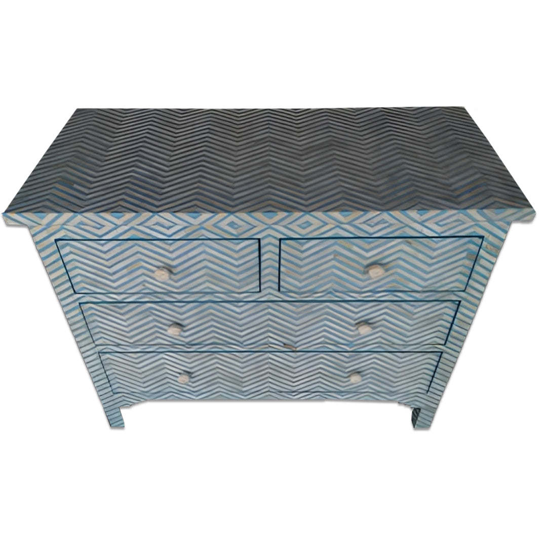 Bone Inlay Chest Of 4 Drawers , Chevron Pattern In Indigo