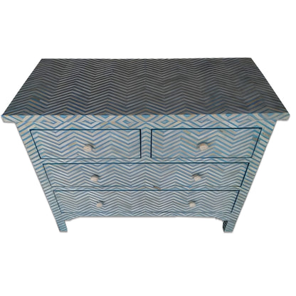 Bone Inlay Chest Of 4 Drawers , Chevron Pattern In Indigo