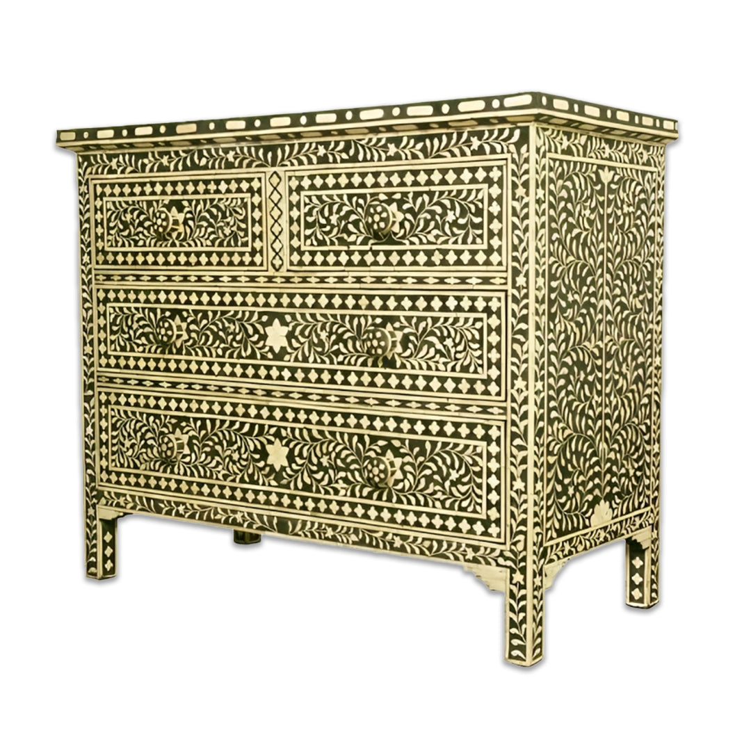 Bone Inlay Chest Of 4 Drawers , Floral Pattern In Black