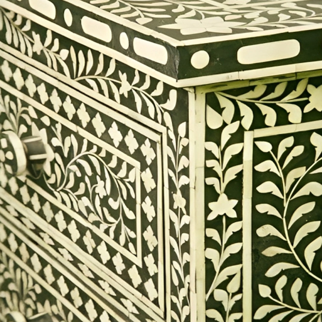 Bone Inlay Chest Of 4 Drawers , Floral Pattern In Black