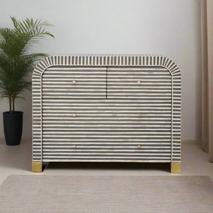 Grey Bone Inlay Curved 4-Drawer Chest