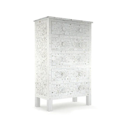 BEAUTIFUL HANDMADE MOTHER OF PEARL CHEST OF DRAWER/ Tall Boy Dresser - FLORAL( WHITE)