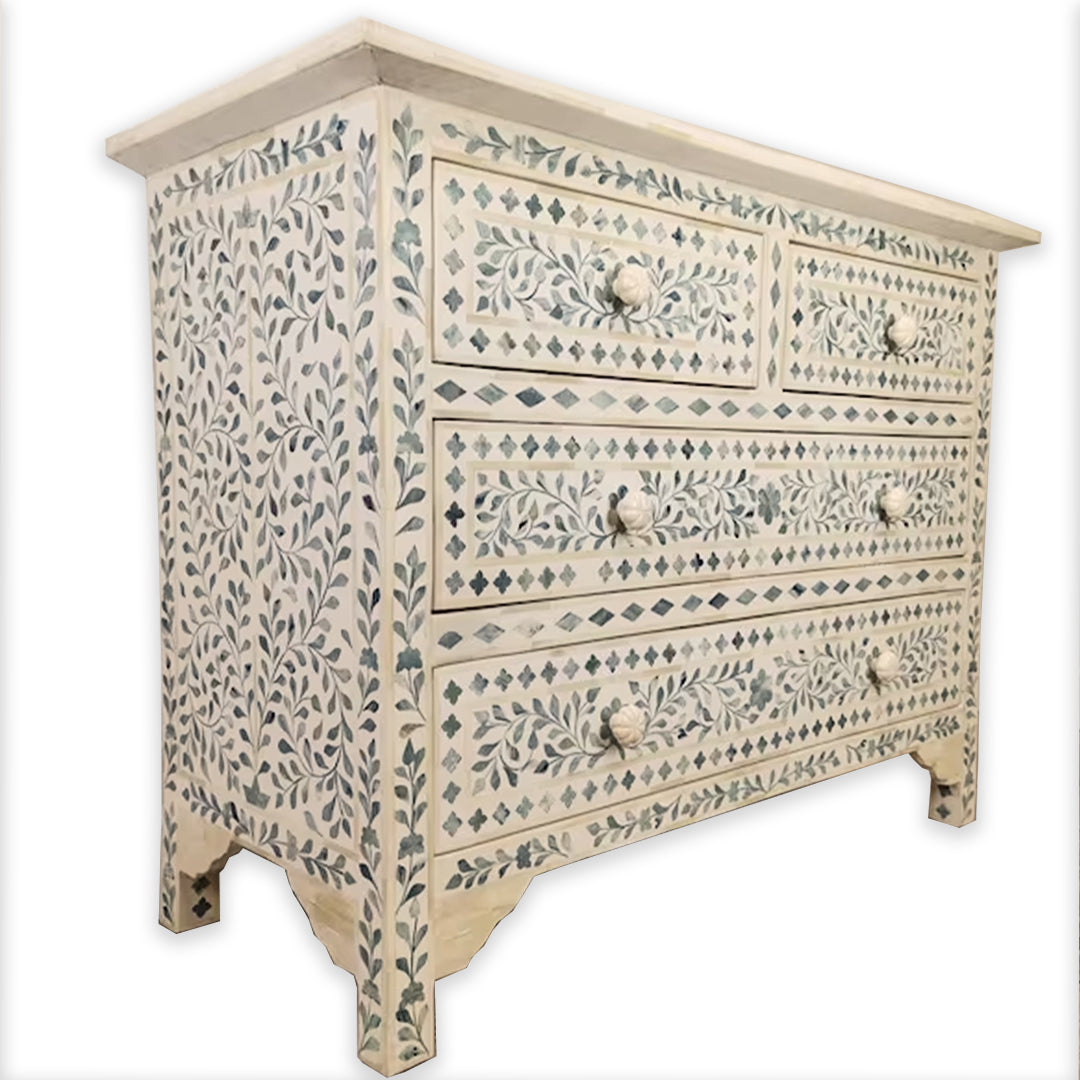 Bone Inlay Chest Of 4 Drawers , Floral Pattern In White