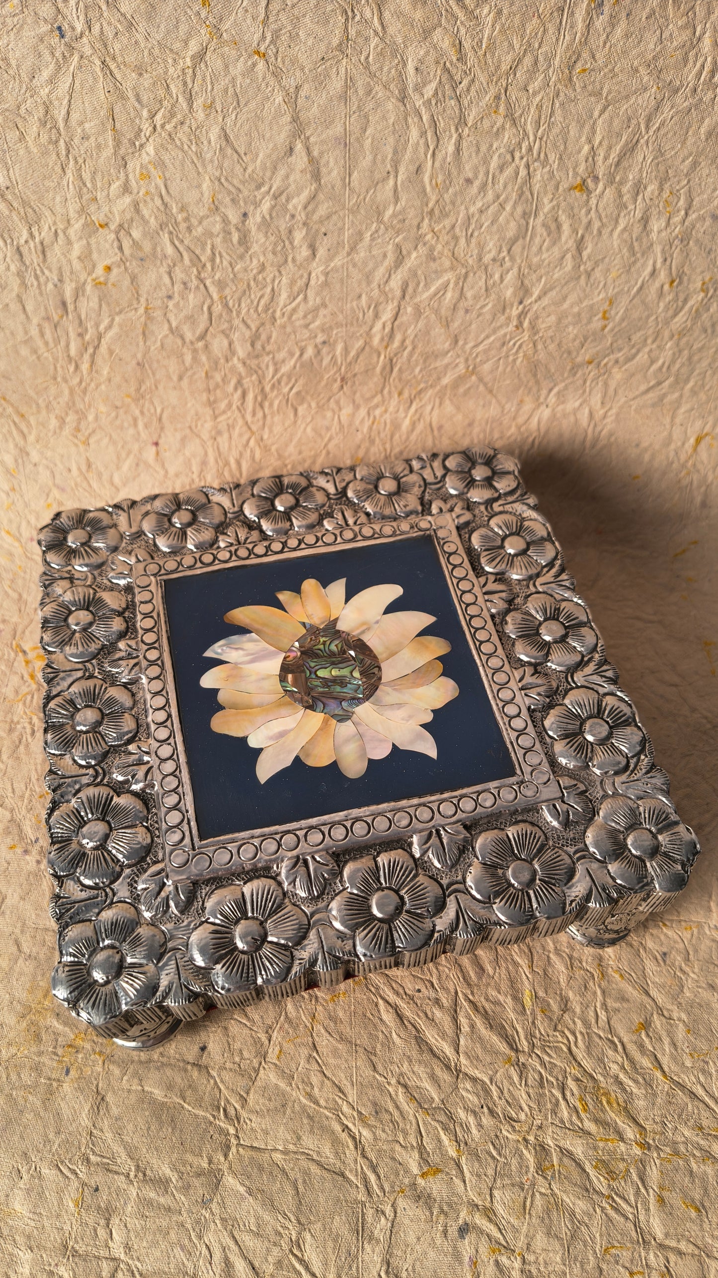 Decorative Floral Jewelry Box with Mother of Pearl Flower Design and Silver Finish Frame