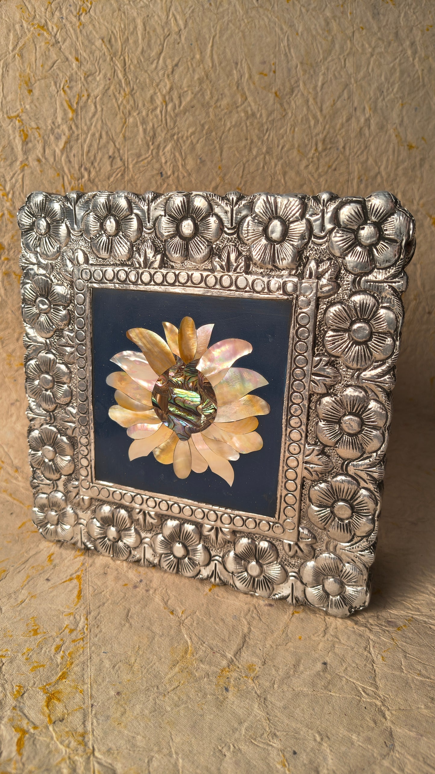 Handcrafted Decorative Keepsake Box with Floral Embossed Border and Inlay Flower Motif.