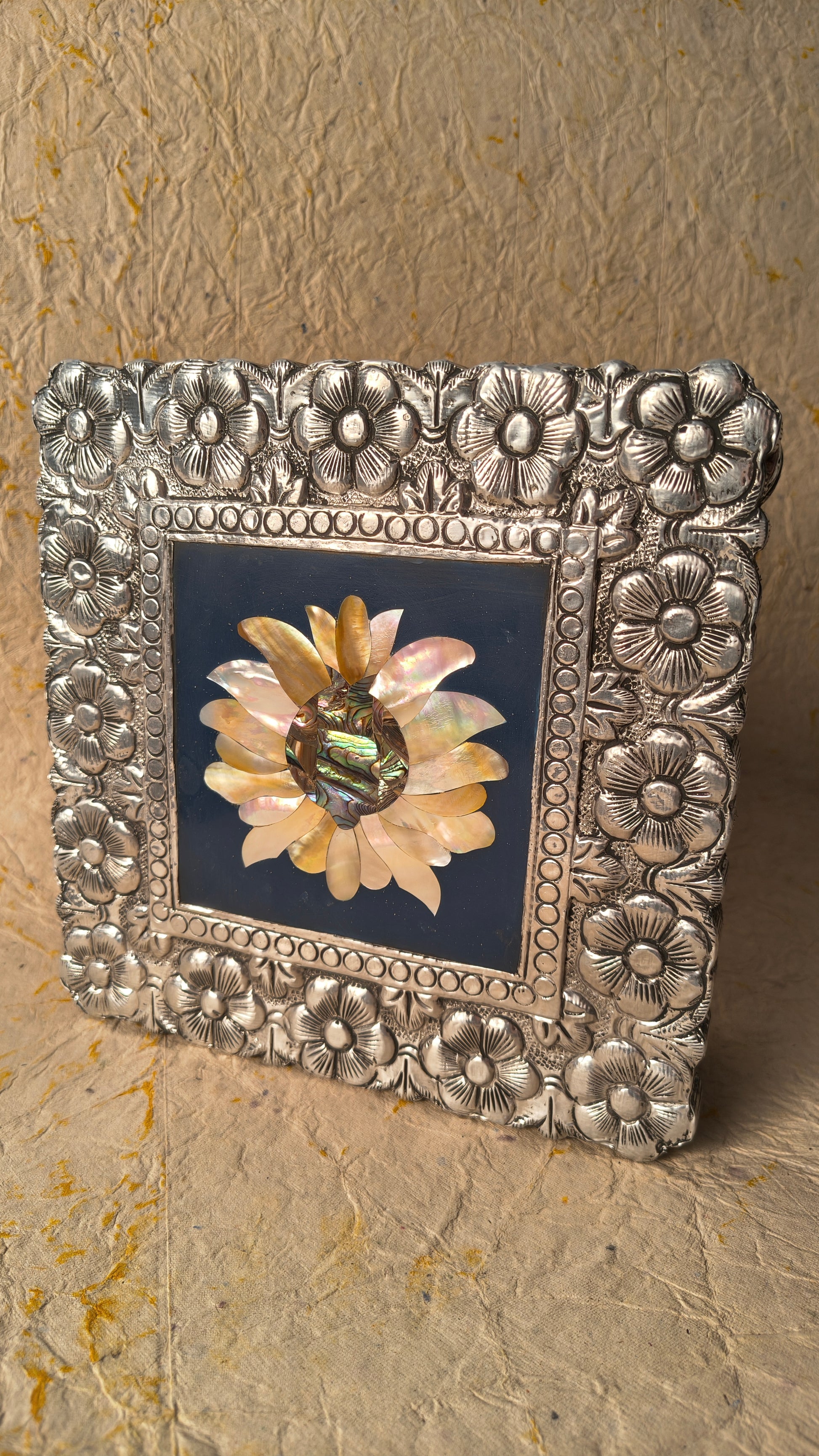 Handcrafted Decorative Keepsake Box with Floral Embossed Border and Inlay Flower Motif.